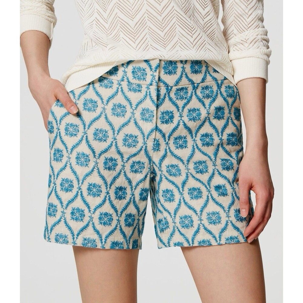 Ann Taylor LOFT The Riviera 100% Linen Shorts Sz 8‎ Blue White Geo 6" Inseam